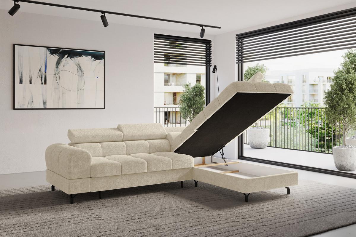ECKSOFA mit Schlaffunktion Ottomane Rechts LUMA-L 272x203x70 Creme Velours - Creme/Schwarz, Holzwerkstoff/Kunststoff (203/272cm) - ALTDECOR