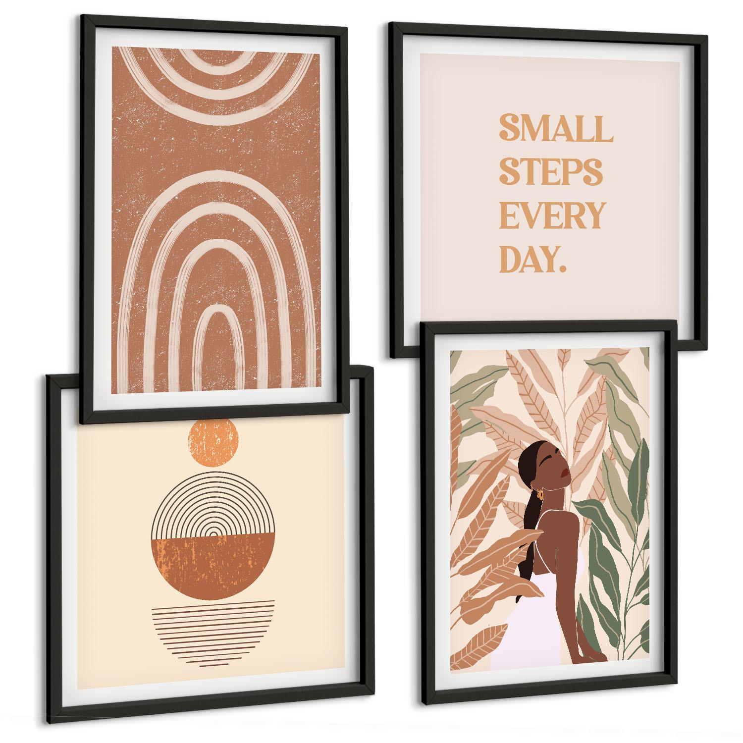 BILDER SET 4er Set - 50x50 cm & 40x60 cm Schwarzer Rahmen - Stilvolle Pflanzenmuster und Geometrie - Schwarz, Kunststoff (50/50cm) - TULUP
