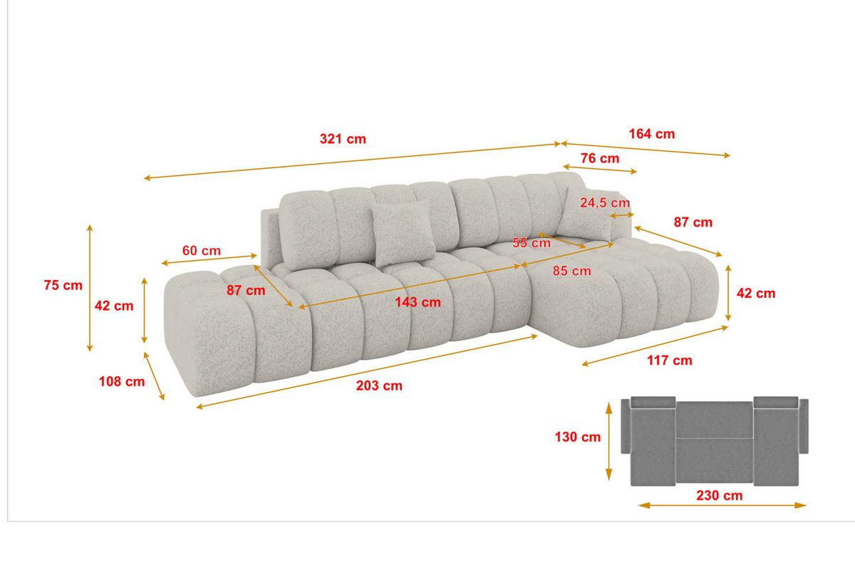 ECKSOFA mit Schlaffunktion Ottomane RECHTS OLEA-L2 321x164x75 Hellgrau Tissu - Silberfarben/Schwarz, Holzwerkstoff/Kunststoff (164/321cm) - ALTDECOR