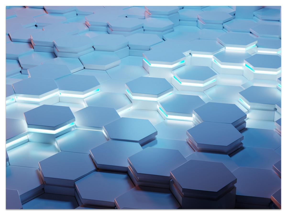 FOTOTAPETE für Jugendzimmer Blaue Neon Hexagone Formen Geometrie 500x350 - Blau/Weiß, Papier (500/350cm) - Muralo