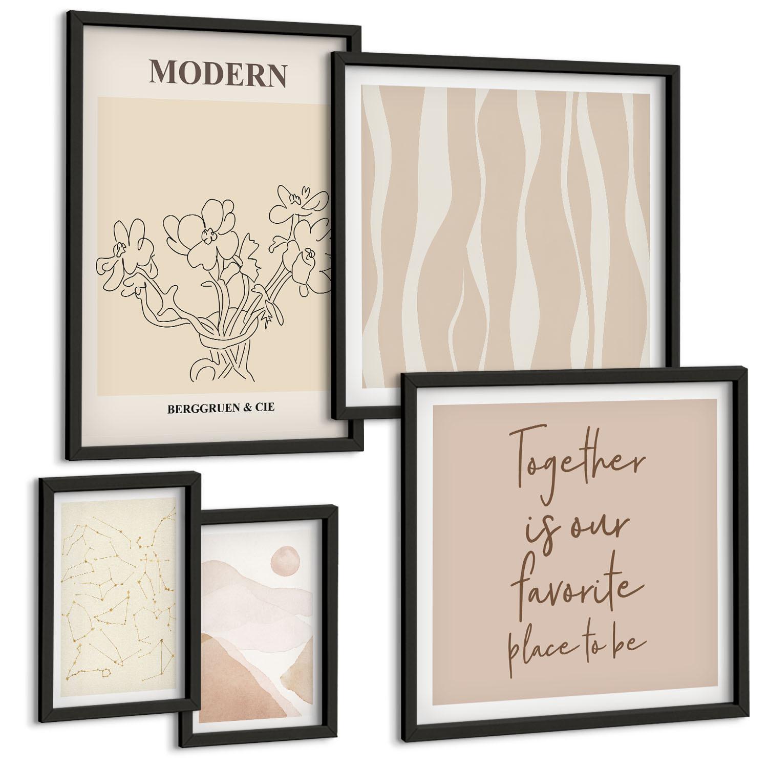 BILDER SET 5er Set - 50x50 cm & 20x30 cm & 40x60 cm Schwarzer Rahmen - Abstrakte Formen und Farben - Schwarz, Kunststoff (40/60cm) - TULUP