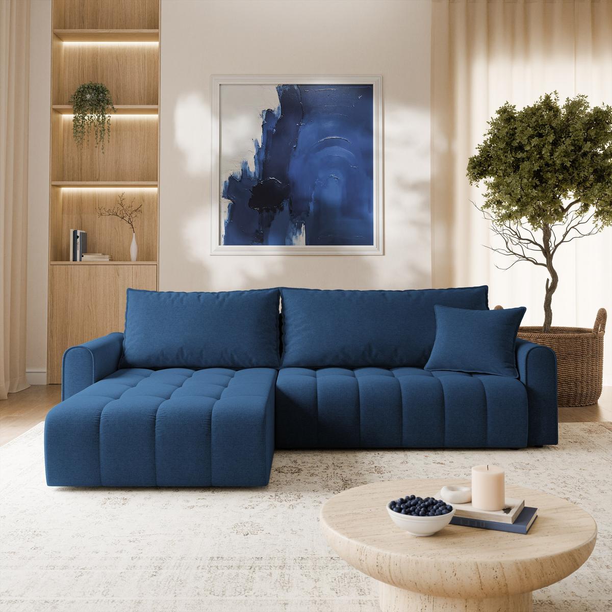 ECKSOFA FRIGA Blau Strukturstoff mit Schlaffunktion - Blau, Holz (283/185cm) - MASSENO