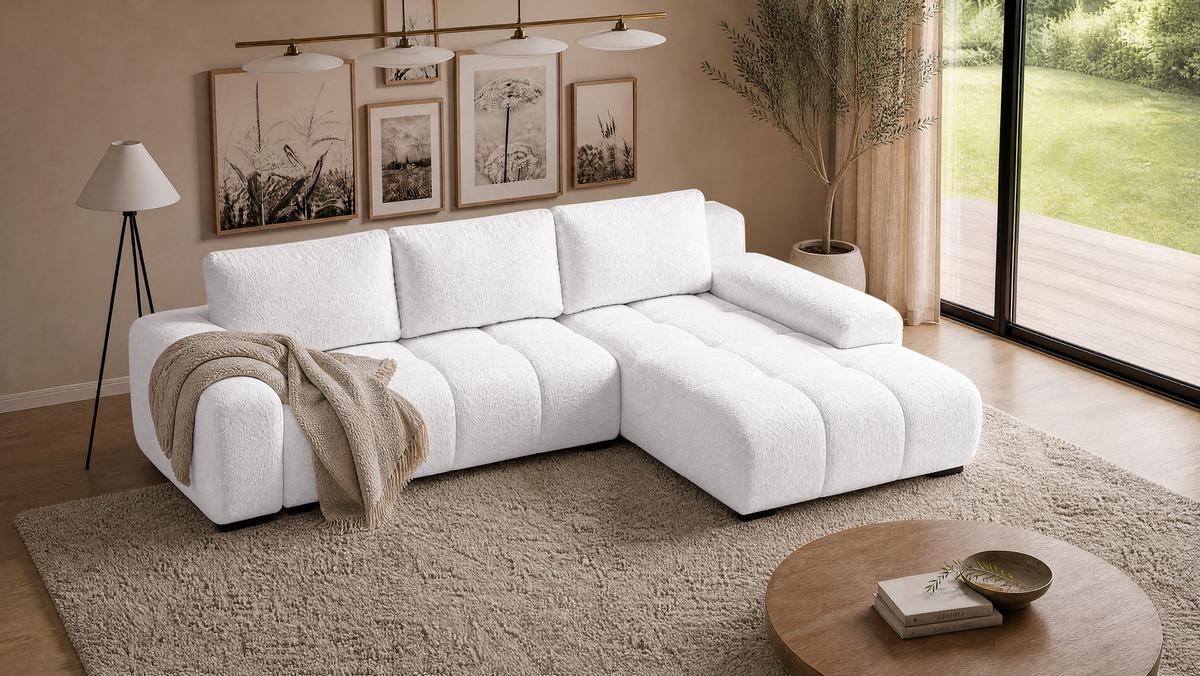 ECKSOFA Ovia mit Bettkasten und Schlaffunktion, Bouclé-Stoff in L-Form - Weiß, Textil (270/185cm)