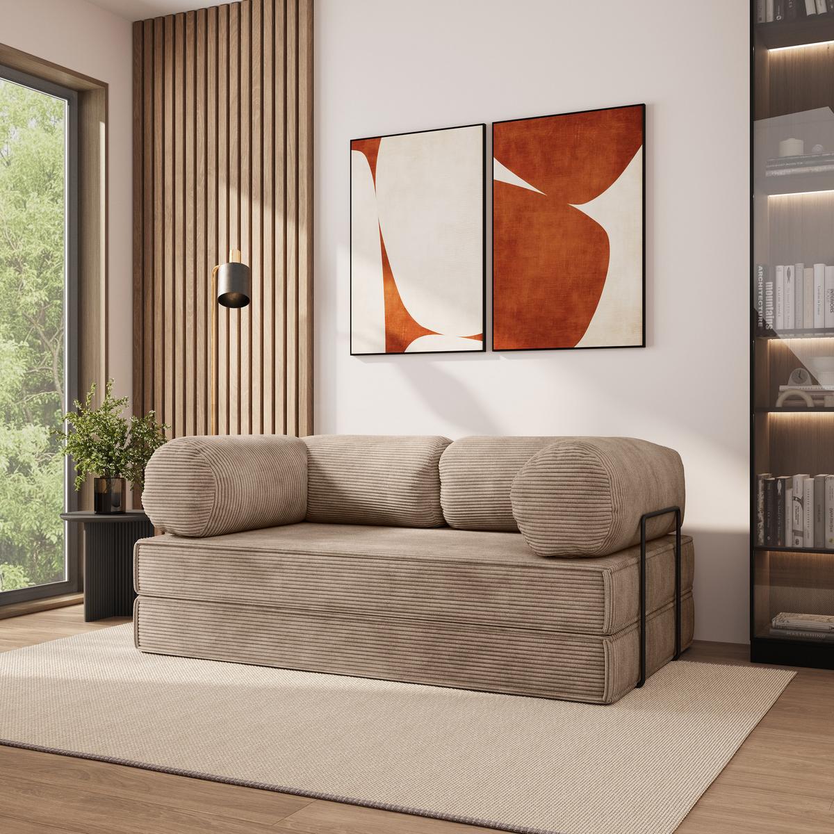 BETTSOFA ALVIO aus Schaumstoff Kordstoff Beige Schlaffunktion - Beige, Textil (170/68/80cm) - MASSENO