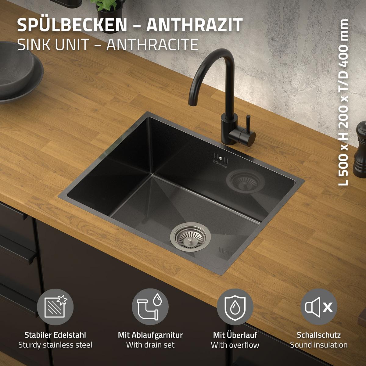 SPÜLBECKEN aus Edelstahl 50x40 cm Anthrazit mit Siphon - Anthrazit, Metall (50/20/40cm) - ML-DESIGN
