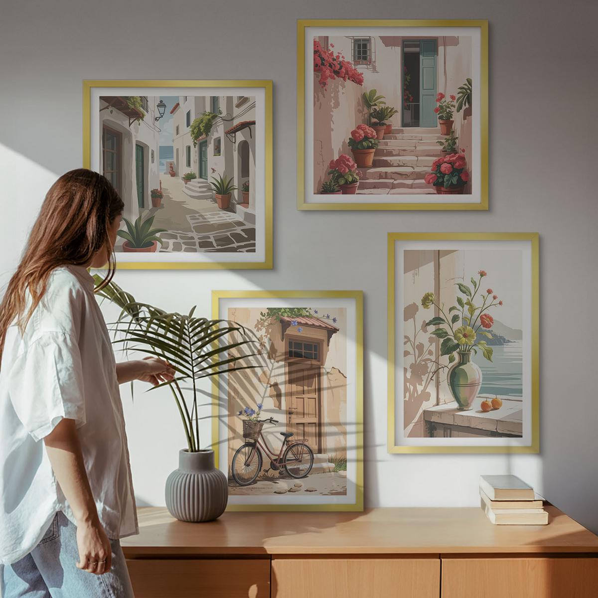 BILDER SET 4er Set - 50x50 cm & 40x60 cm Goldrahmen - Straßenblumen, Fahrrad bemalt - Goldfarben, Kunststoff (50/50cm) - TULUP