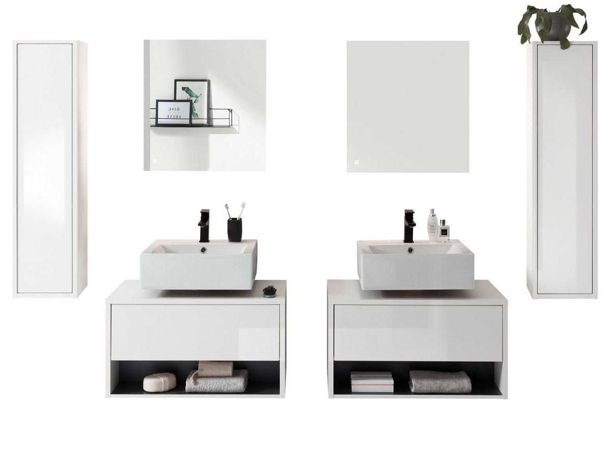 BADMÖBEL-SET 6-teilig weiß Hochglanz, grau, Komplettset mit LED Beleuchtung - Weiß Hochglanz/Grau, Glas/Holzwerkstoff (250/190/46cm) - Furn.Design