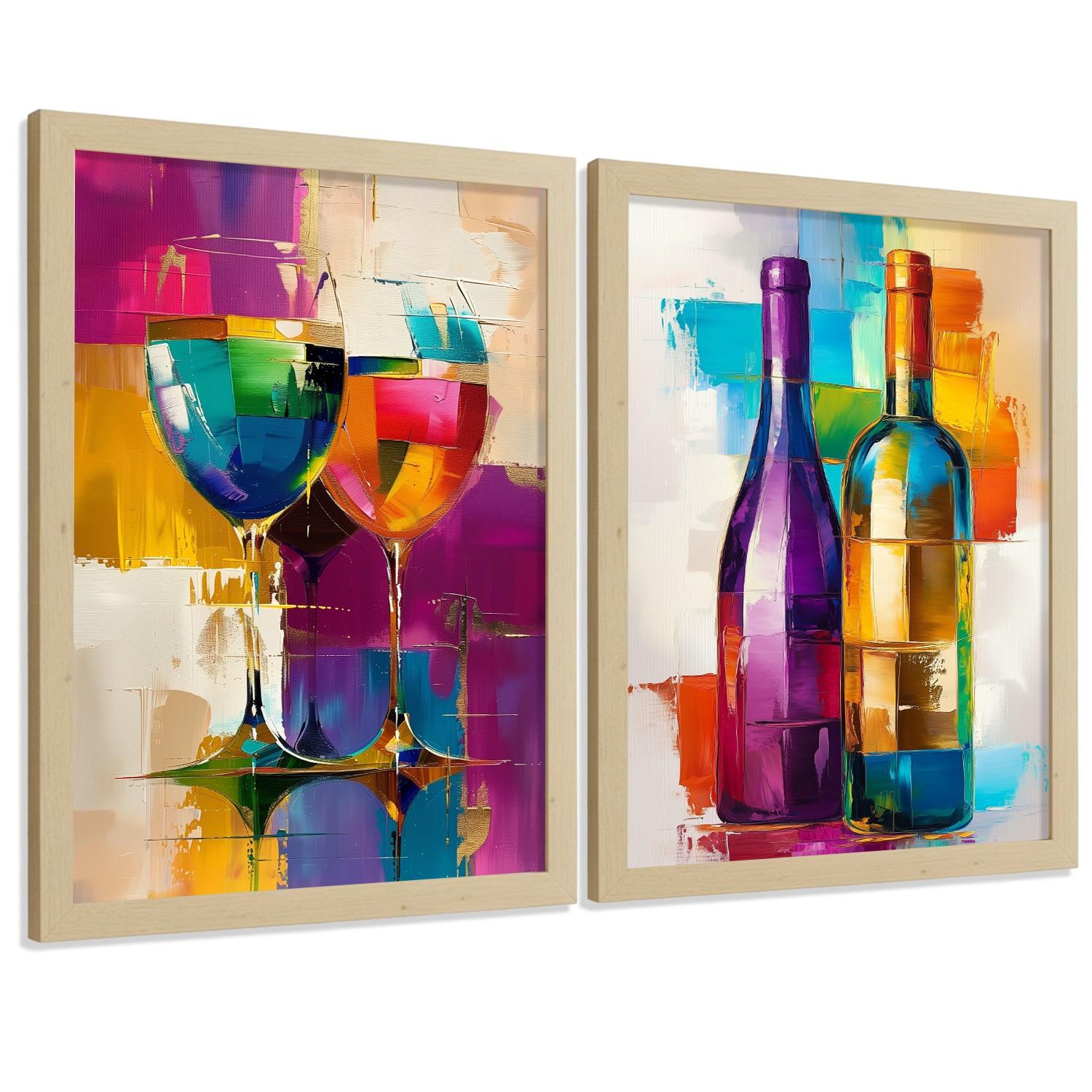 POSTER 2er Set Küchen-Wandbilder Weingläser und Flaschen Pop Art Bunt Abstrakt Esszimmer Wanddeko Rahmenlos A3 - Klar, Papier (29.7/1/42cm) - Nacnic