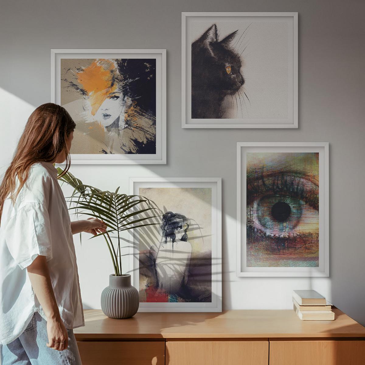 BILDER SET 4er Set - 50x50 cm & 40x60 cm Weißer Rahmen - Porträt einer Frau, Auge, Farben, Emotionen - Weiß, Kunststoff (50/50cm) - TULUP