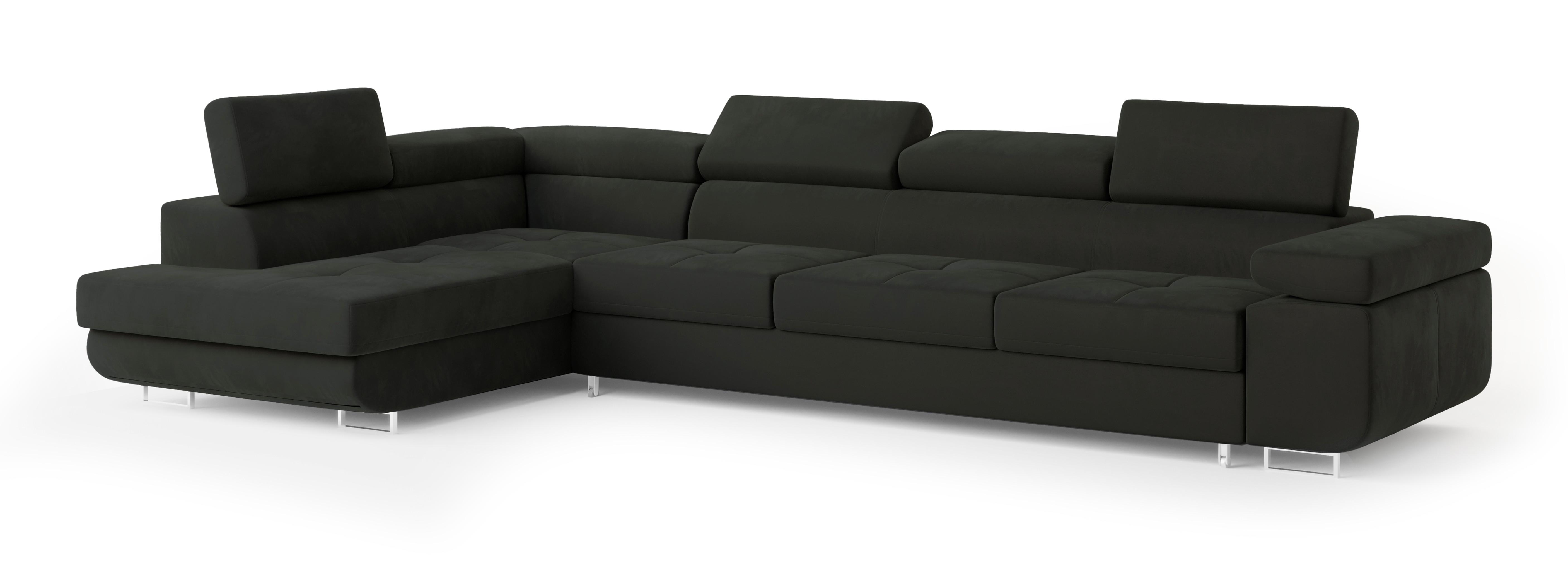ECKSOFA VICENTE Schwarz Velours-Stoff mit Schlaffunktion - Schwarz, Holz (346/202cm) - MASSENO