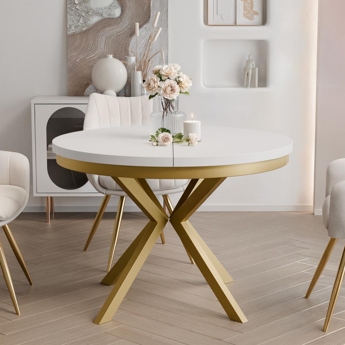 AUSZIEHTISCH MILTON 90-166/76 cm mit Metallgestell und Zarge, Gold / Arktisweiß - Goldfarben/Weiß, Holzwerkstoff/Metall (90/90/76cm) - Idohome