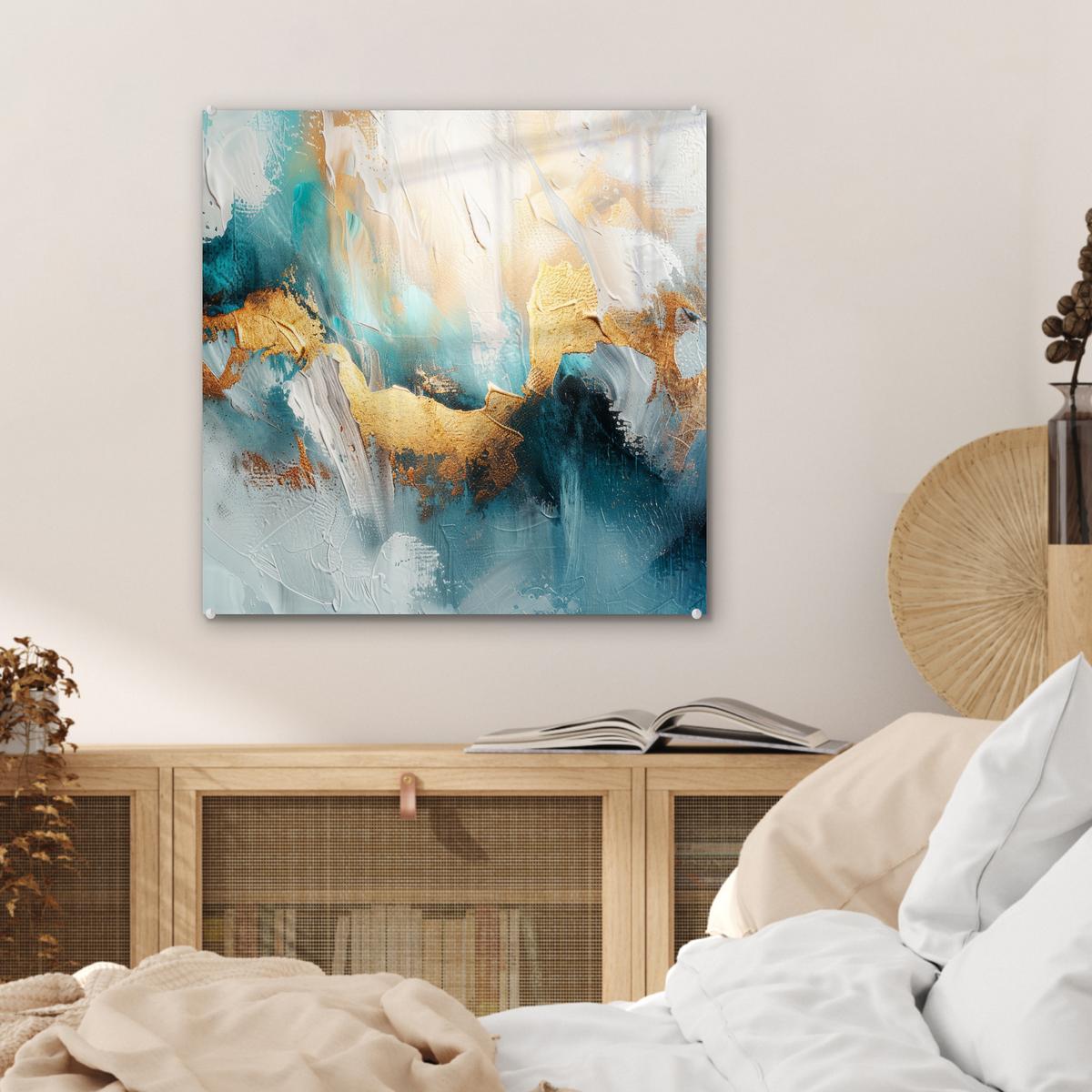 ACRYLGLASBILD Abstrakt - Kunst - Gold - Blau 50x50 cm - Petrol, Glas (50/50cm) - MuchoWow