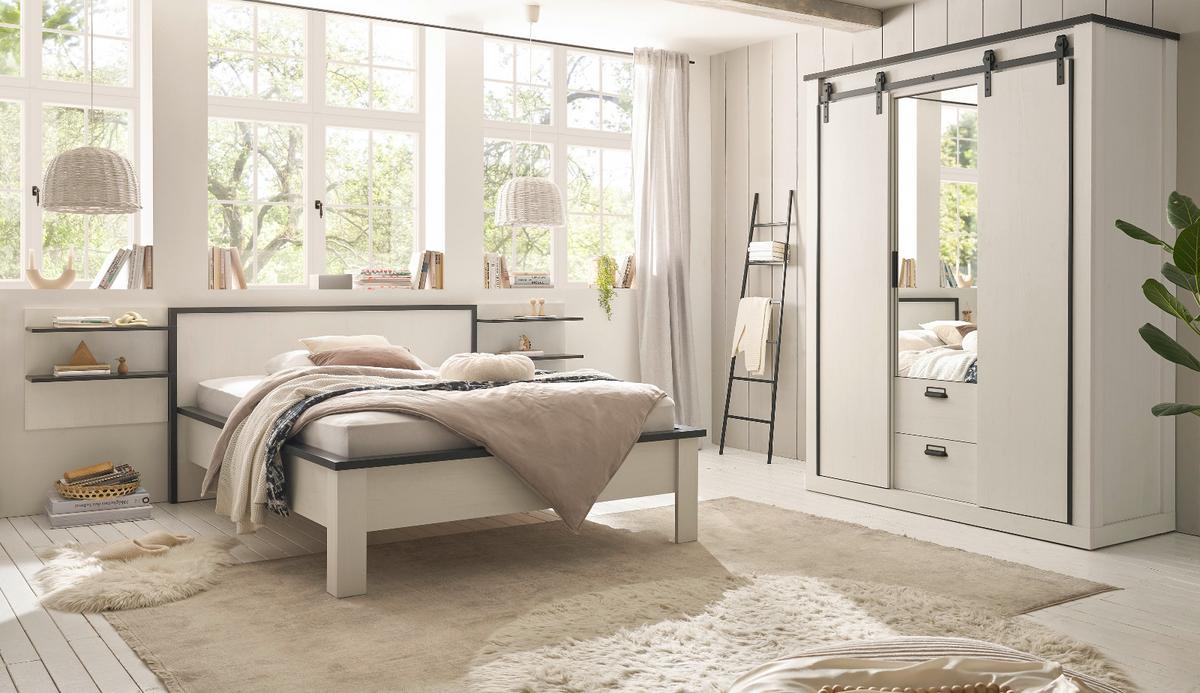 KLEIDERSCHRANK weiß Pinie, anthrazit Landhaus, Schiebetürenschrank 3-türig mit Spiegel 163 x 209 - Anthrazit/Weiß, Holzwerkstoff/Metall (162/209/63cm) - Furn.Design