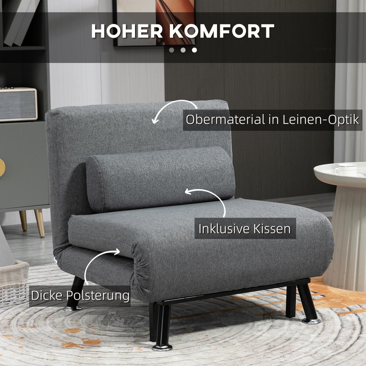SCHLAFSESSEL Klappsessel mit Bettfunktion Schlafsofa mit Verstellbar Rückenlehne - Dunkelgrau/Anthrazit, Textil/Metall (70/75/75cm) - HOMCOM
