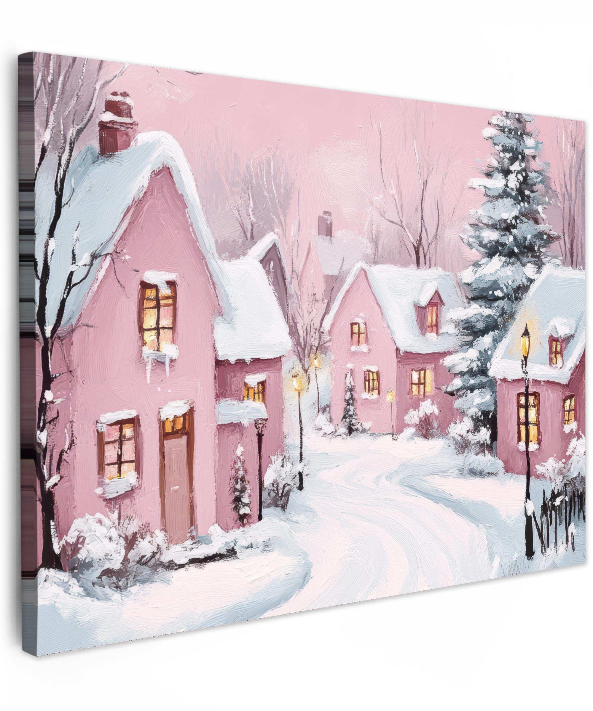 LEINWANDBILD Weihnachtsdorf - Rosa - Winter - Schnee - Häuser Wandbild 40x30 cm - Altrosa, Textil (40/30cm) - MuchoWow