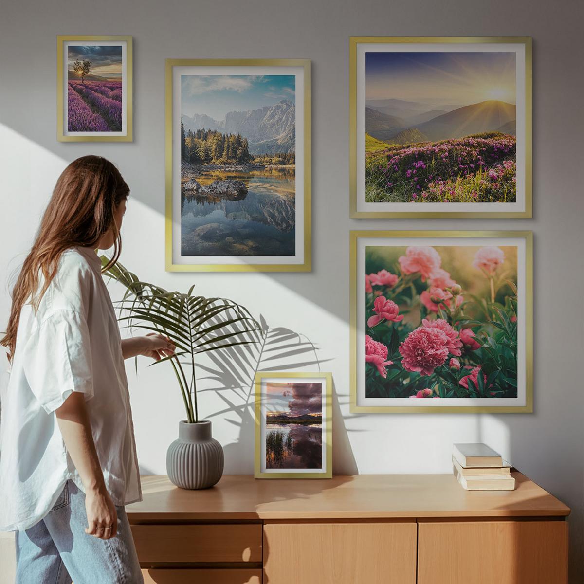 BILDER SET 5er Set - 50x50 cm & 20x30 cm & 40x60 cm Goldrahmen - Blumengarten, Bergwiese, Wasser - Goldfarben, Kunststoff (40/60cm) - TULUP