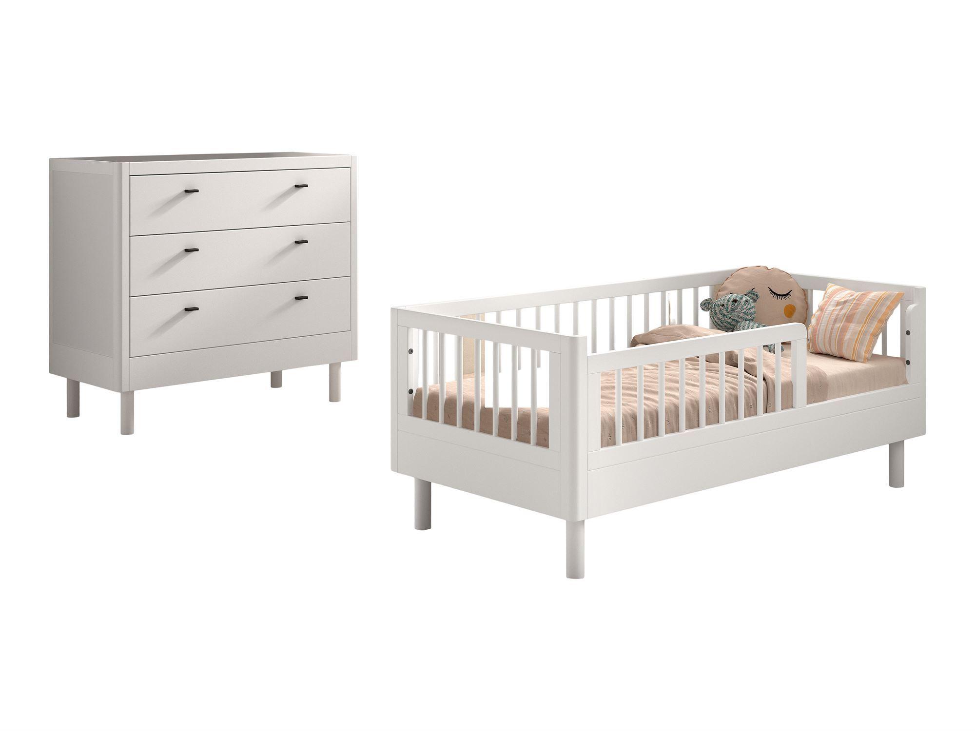 JUNIORBETT SET 70x140 Keeley Buche Weiß Holz Kommode Komfort Stabil - Weiß, Holz (74/60/144cm) - 58aufmkessel