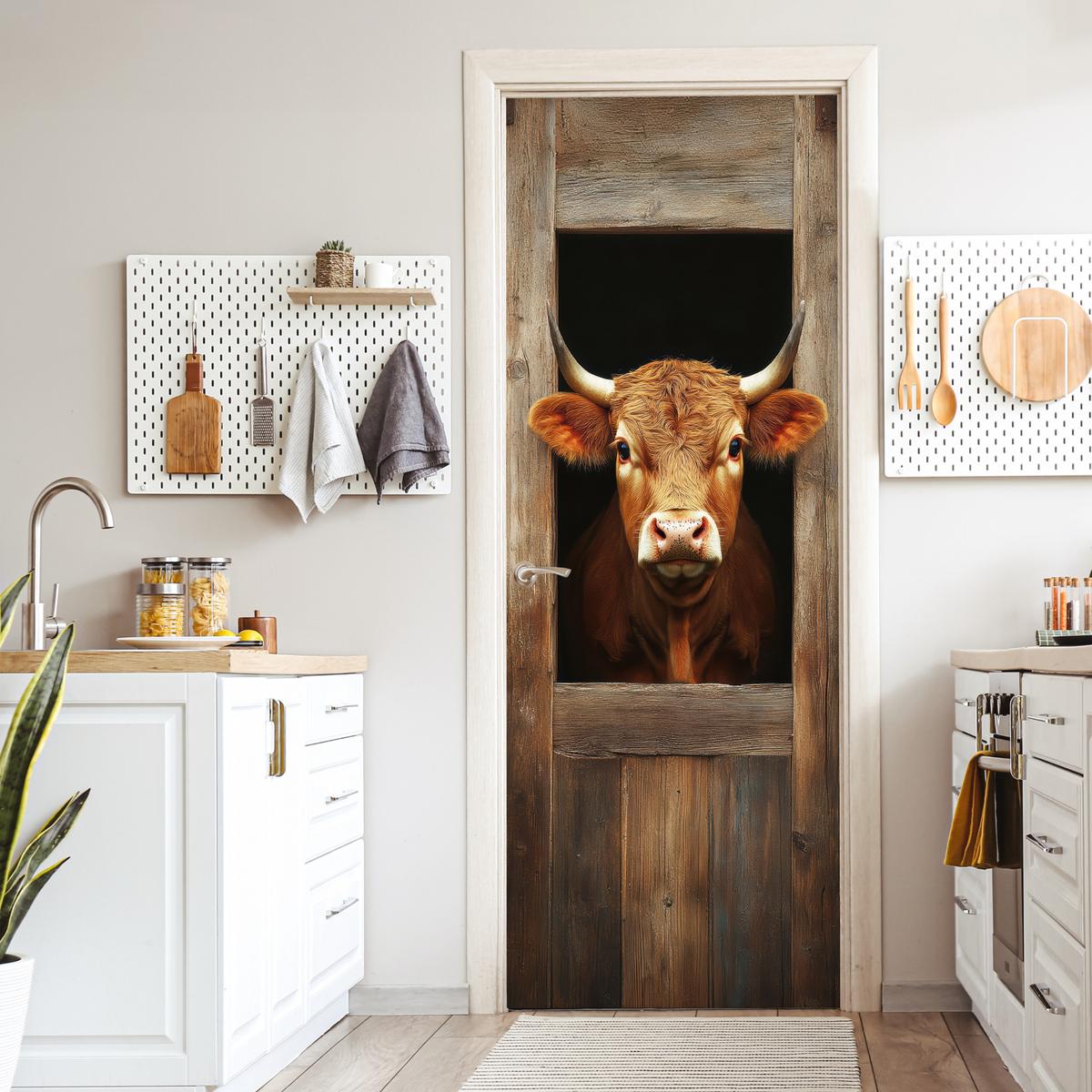 TÜRAUFKLEBER Kuh - Fenster - Holz - Tiere 90x235 cm - Türtapete - Wengefarben, Kunststoff (90/0.1cm) - MuchoWow