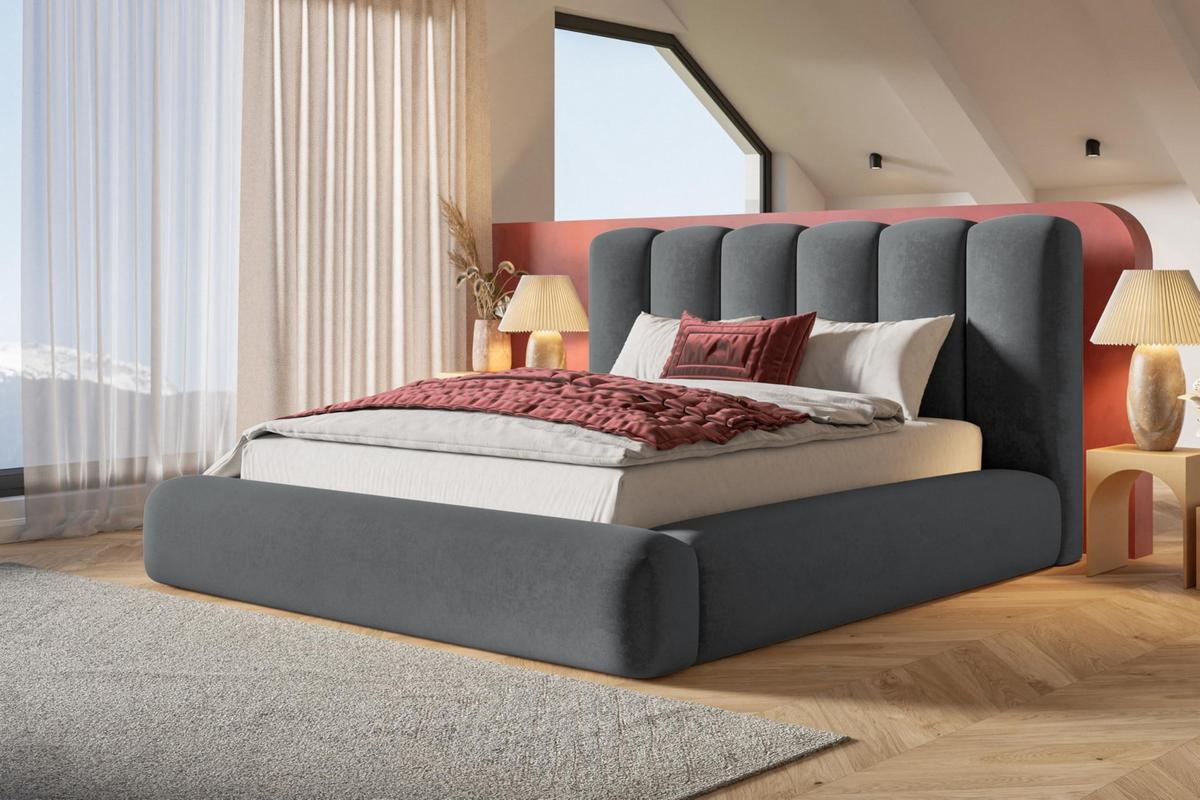 BETT 180x200 - Polsterbett mit Bettkasten und Holzrahmen - Modern Bett - Eleganter Jasmine-Stoff - Kollektion Alva Maxi - Grau - Grau, Holz/Textil (180/200cm) - Alpi-Möbel