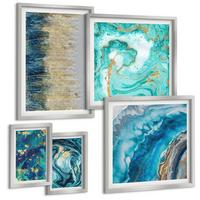 BILDER SET 5er Set - 50x50 cm & 20x30 cm & 40x60 cm Silberner Rahmen - Wilde Landschaften, Berge, Hirsche - Silberfarben, Kunststoff (40/60cm) - TULUP
