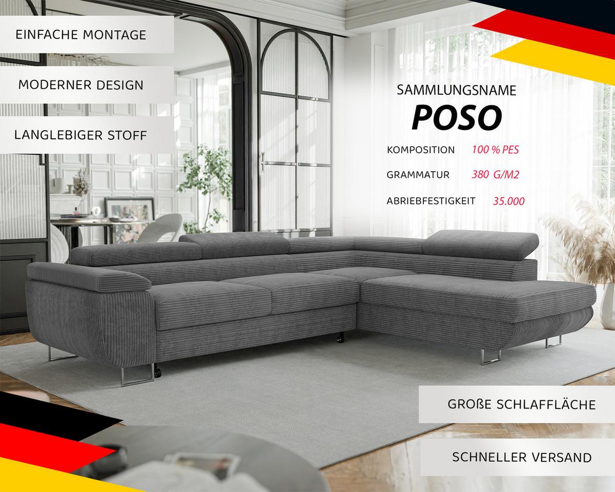 ECKSOFA ANTON rechts, mit Schlaffunktion und Bettkasten Grau - Chromfarben/Grau, Textil/Metall (274/203cm) - Idohome
