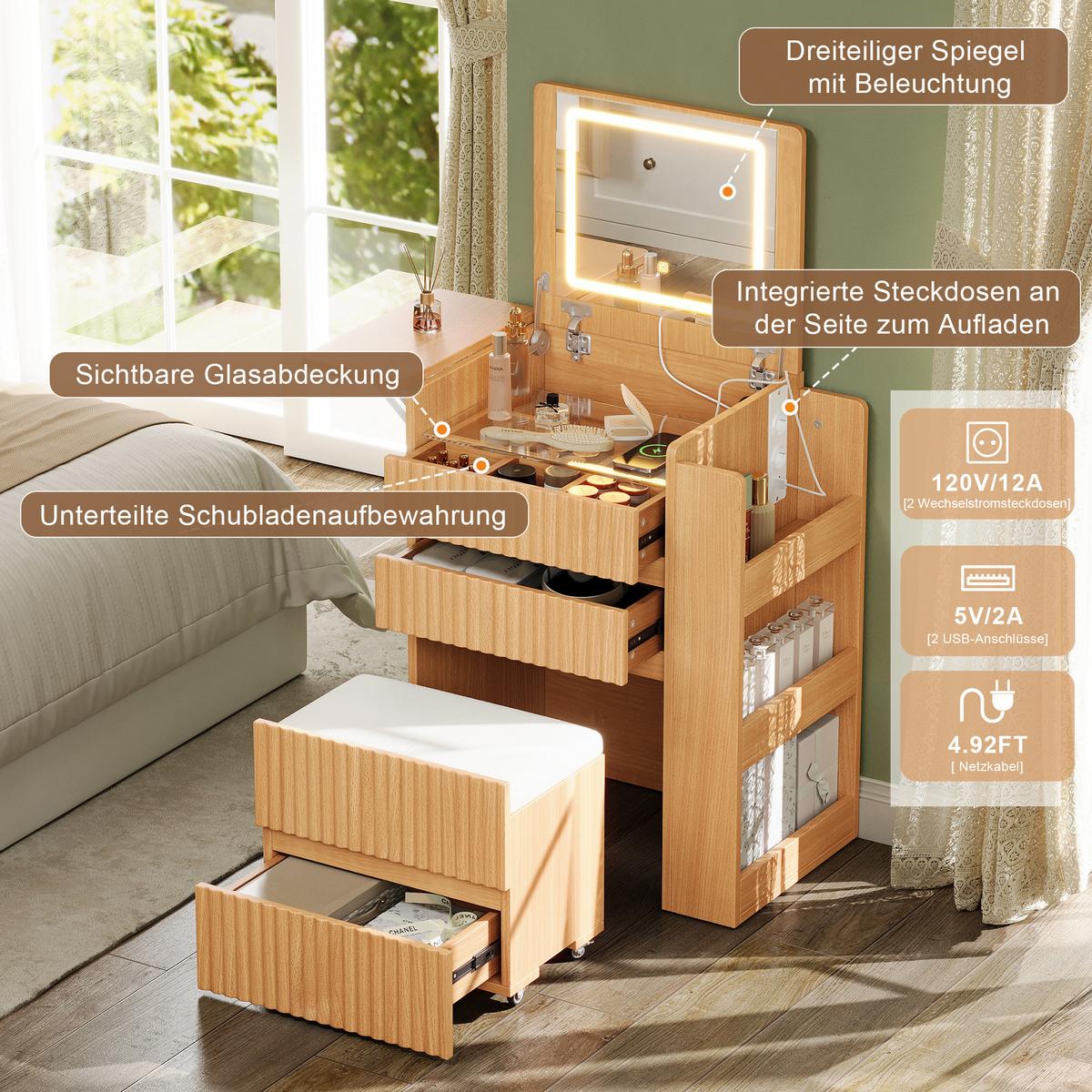 SCHMINKTISCH mit Hocker Naturholzoptik mit LED-Klappspiegel, Ladestation - Naturfarben, Holzwerkstoff (79/120/40cm) - Urban Meuble