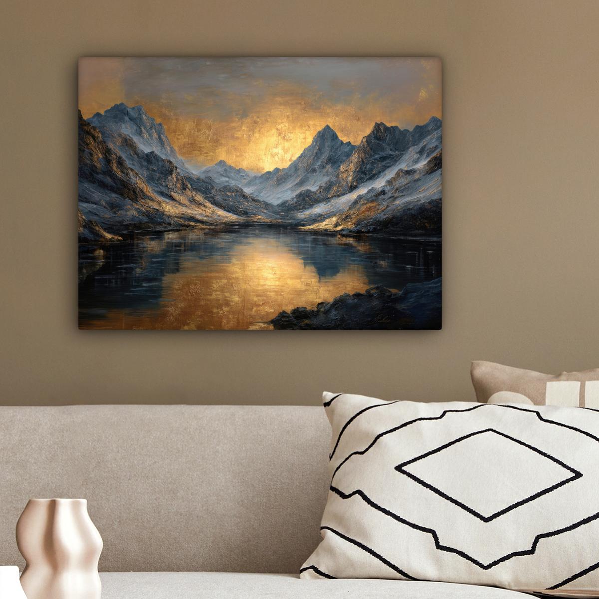 LEINWANDBILD Bergkulisse mit goldenem Sonnenuntergang Wandbild 40x30 cm - Goldfarben, Textil (40/30cm) - MuchoWow