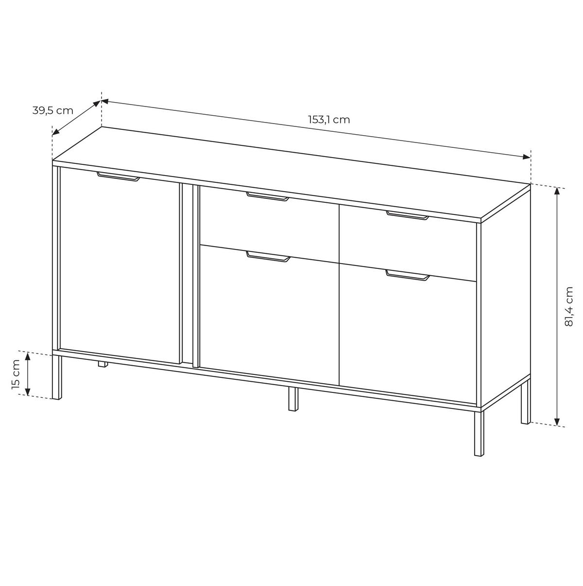 SIDEBOARD Catanian 3T 2S Grau 153,1/81,4/39,5 cm – mit goldenen Griffen und schwarzen Beinen - Schwarz/Grau, Holzwerkstoff/Metall (153/81.4/39.5cm) - AX Living