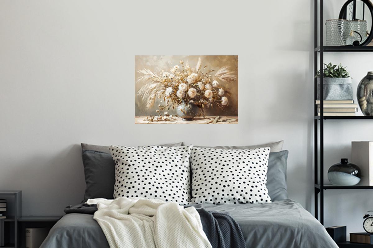 WANDTATTOO Blumen - Vase - Stilleben - Beige Deko Wohnzimmer 60x40 cm - Creme, Kunststoff (60/40/0.1cm) - MuchoWow