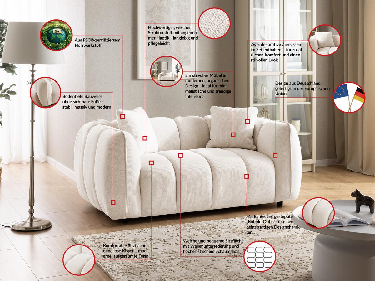 2-SITZER SOFA Nubira in tief gesteppter Bubble-Optik aus weichem Creme Strukturstoff im modernen Design - Creme/Schwarz, Holz/Kunststoff (172/69/89cm) - S-Style Möbel