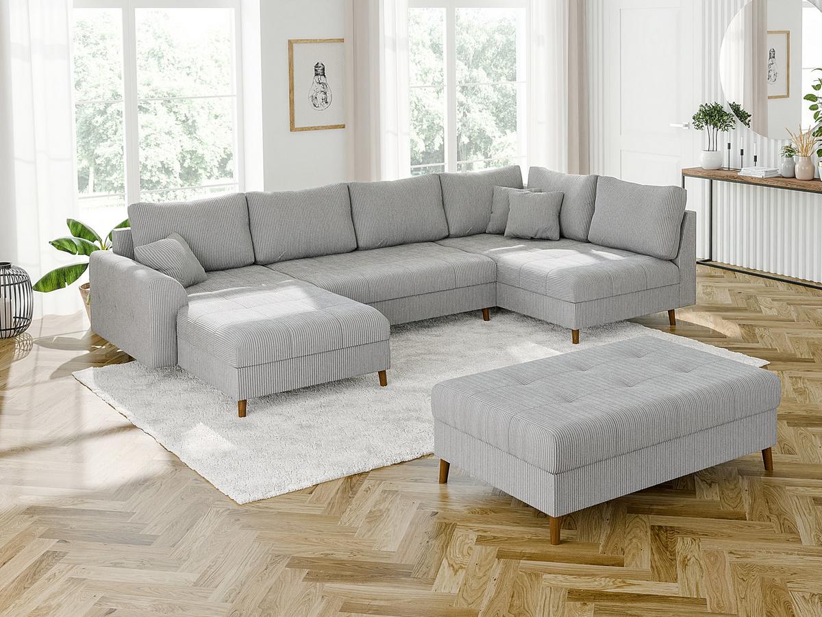 WOHNLANDSCHAFT inkl. Hocker Alma Hellgrau Cord - Hellgrau/Braun, Holz/Textil (310/81/161cm) - S-Style Möbel