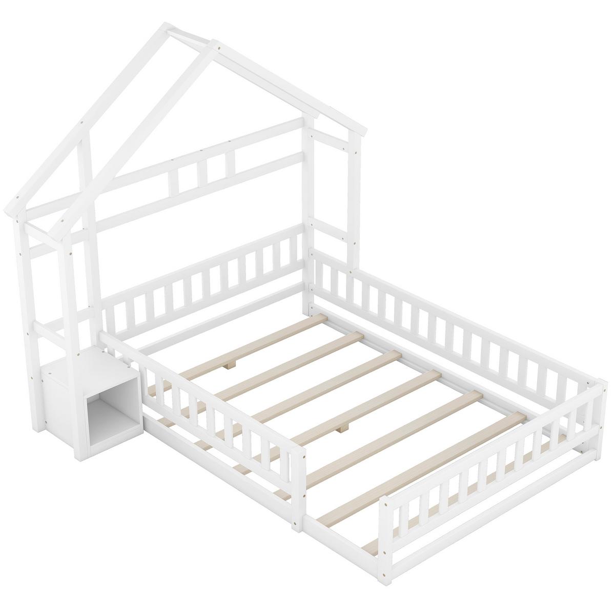 KINDERBETT 140x200 cm Hausbett Weiß – Massivholz Bett mit Geländer & Nachttisch - Weiß, Holz - Urban Meuble
