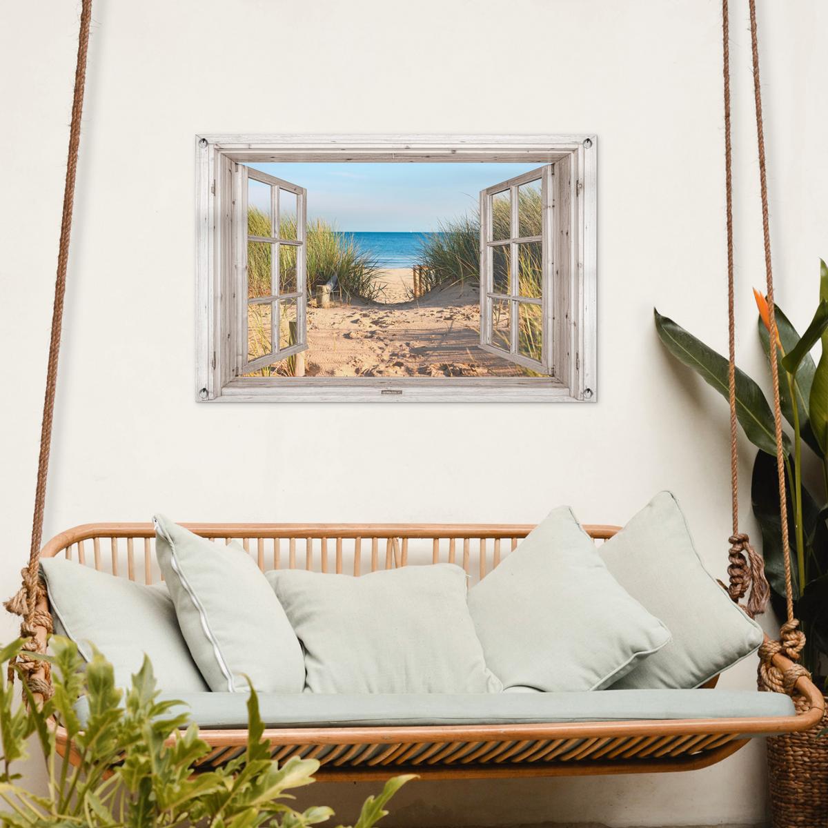 GARTENPOSTER Durchblick - Strand - Meer - Dünen - Sand - Wasser - Hochgras Gartendeko 90x60 cm - Sandfarben, Kunststoff (90/60/0.2cm) - OnlyWow