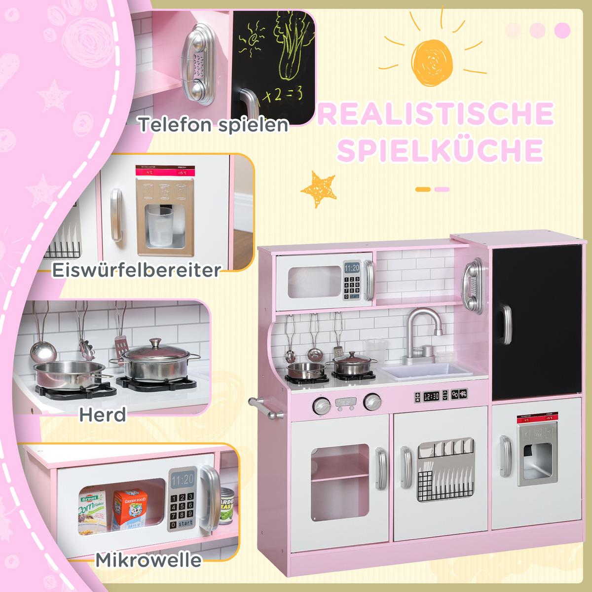 KINDERKÜCHE Spielküche mit Spielzeug Telefon, Kreidetafel, Mikrowelle, Herd Rosa - Hellrosa, Holzwerkstoff (83.8/26.8/81cm) - AIYAPLAY