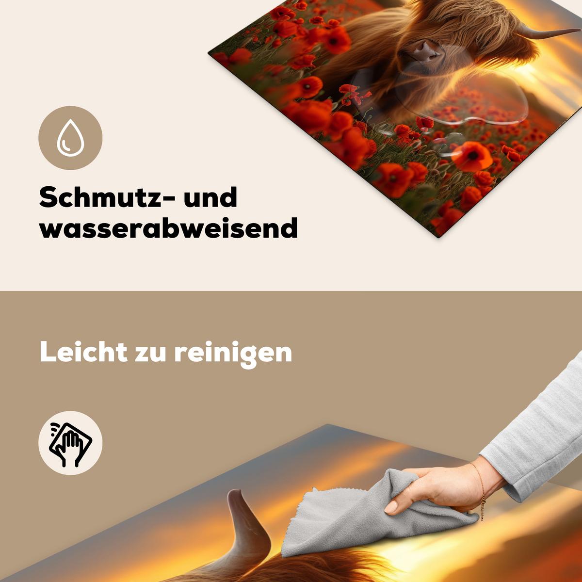 HERDABDECKPLATTE Schottische Highlander - Rosen - Blumenfeld - Sonnenuntergang Abdeckung Ceranfeld 59x51 cm - Rotbraun, Kunststoff (59/51/0.2cm) - MuchoWow
