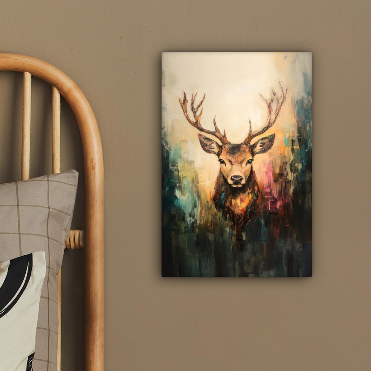 LEINWANDBILD Hirsch - Gemalt - Geweih - Braun Deko Wohnzimmer 20x30 cm - Haselnussfarben, Textil (20/30cm) - MuchoWow