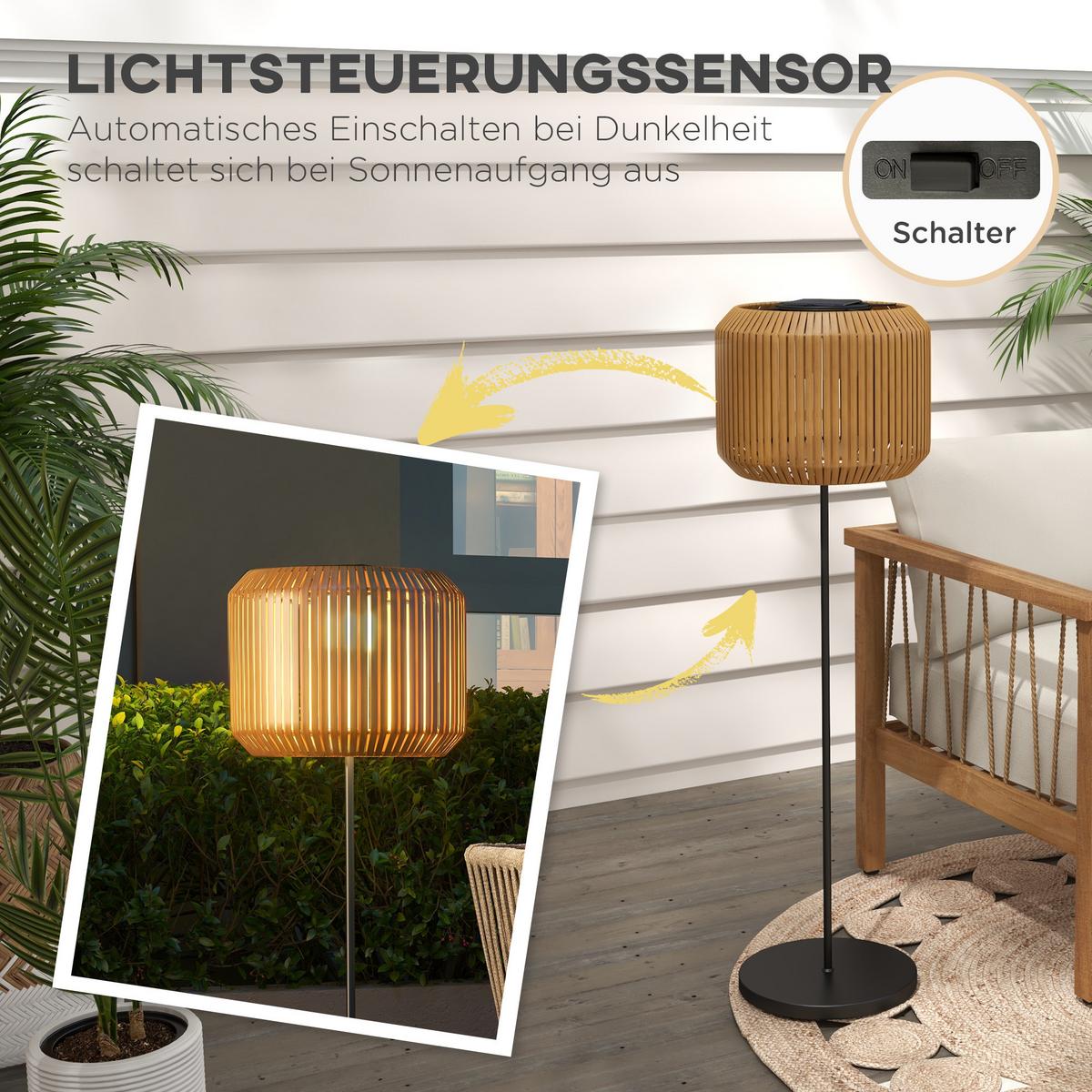 RATTAN Solarlampe, Wegleuchte mit Warmweißem LED Licht, Lichtsensor, Stahl, Gelb - Gelb, Kunststoff (34/34/130cm) - Outsunny