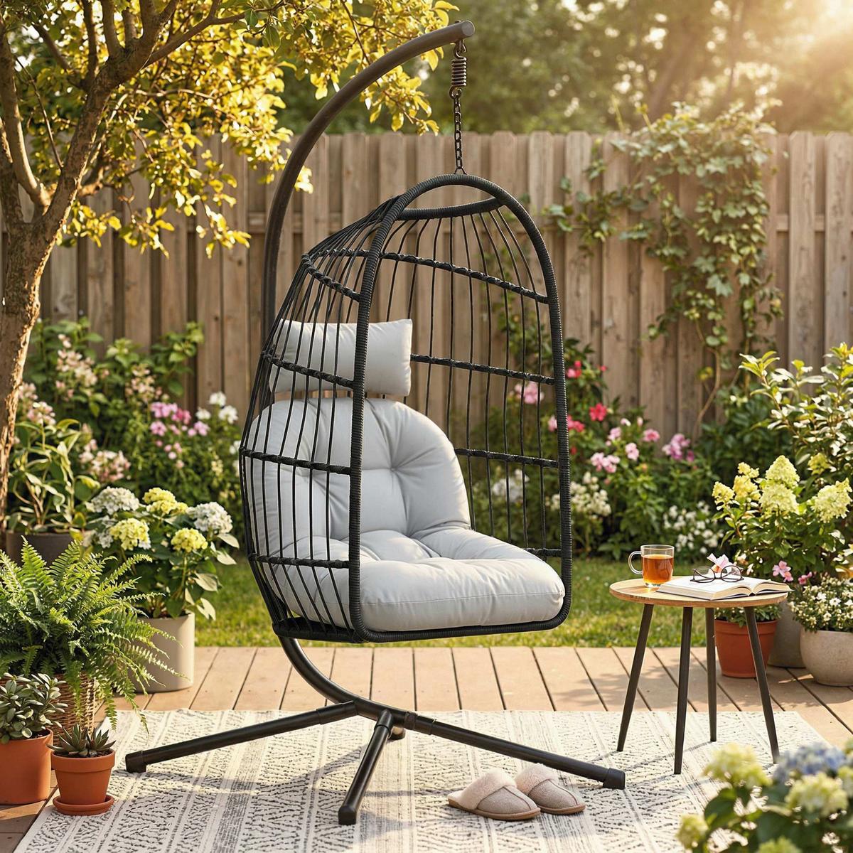 HÄNGESESSEL Metall PE-Rattan Hellgrau - Hellgrau/Schwarz, Textil/Metall (101/196/105cm) - Outsunny