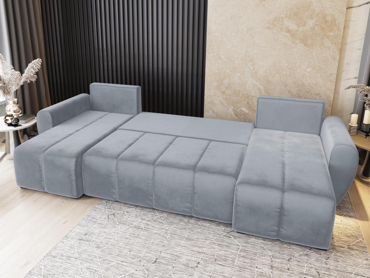 WOHNLANDSCHAFT MADISON U Hellgrau Plüsch-Stoff mit Schlaffunktion - Hellgrau/Schwarz, Holz/Kunststoff (311/82/145cm) - MASSENO