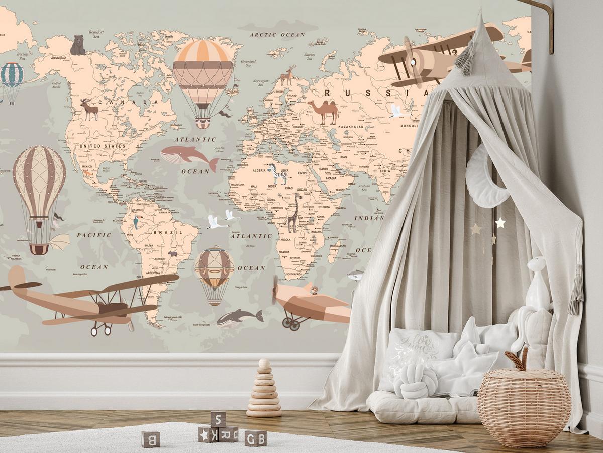 FOTOTAPETE für Kinderzimmer Retro Weltkarte Balony Flugzeuge 100x70 - Beige/Orange, Papier (100/70cm) - Muralo