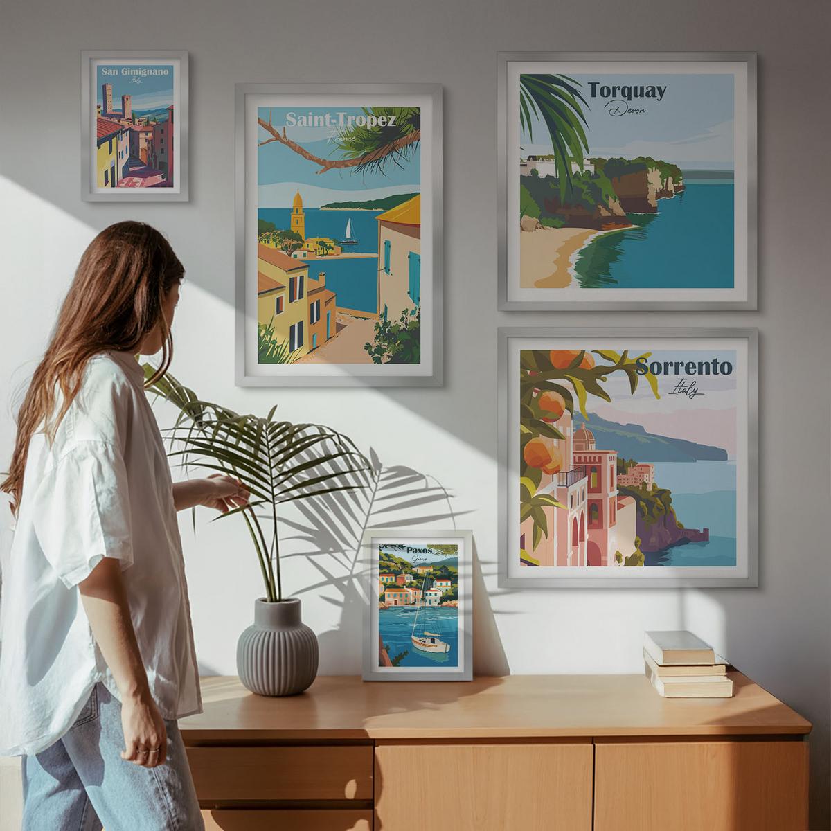 BILDER SET 5er Set - 50x50 cm & 20x30 cm & 40x60 cm Silberner Rahmen - Retro-Illustrationen von Weltstädten - Silberfarben, Kunststoff (40/60cm) - TULUP