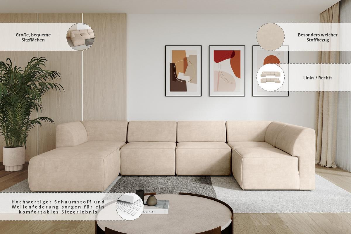 WOHNLANDSCHAFT Ottomane Links MOVO-L 345x180x78 cm Beige Velours - Mokka, Holzwerkstoff/Kunststoff (345/78/180cm) - ALTDECOR