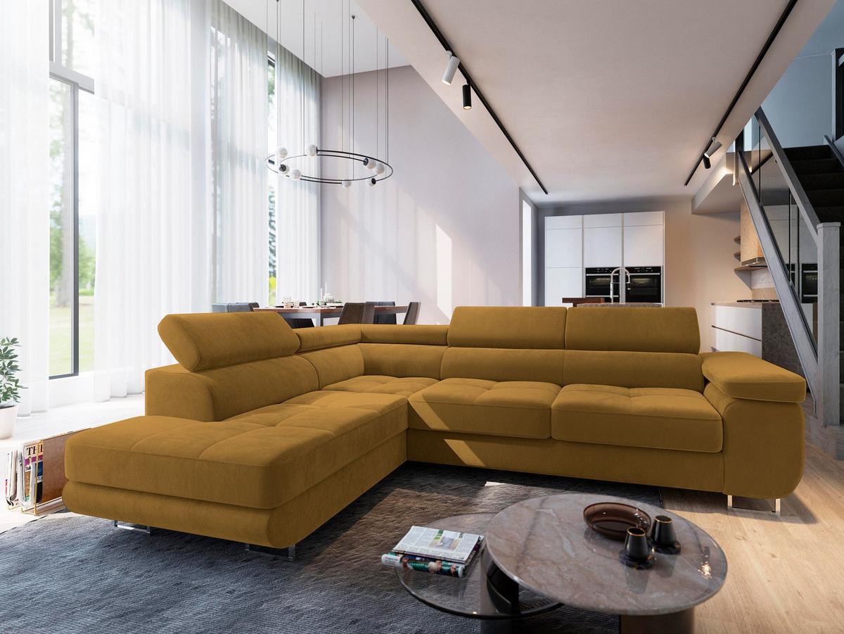 ECKSOFA SELVA L-S Gelb Velours-Stoff mit Schlaffunktion - Gelb/Silberfarben, Holz/Holzwerkstoff (275/202cm) - MASSENO