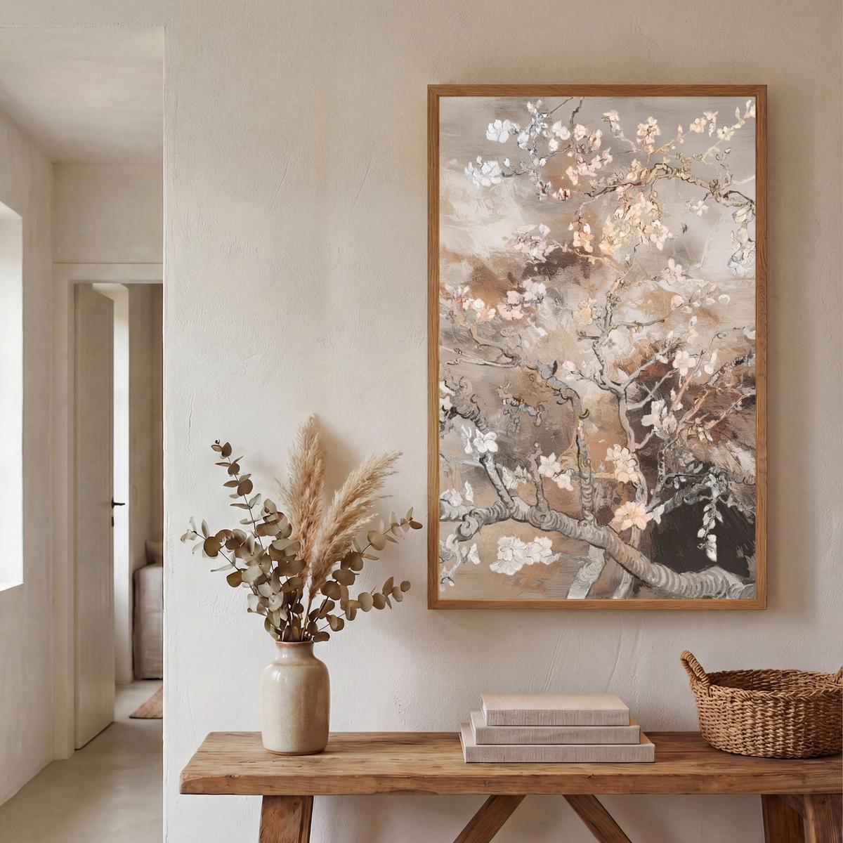 WANDLEUCHTE MIT AKKU Mandelblüte - Kunst - Van Gogh - Beige - Abstrakt 60x90 cm - Graubraun, Holzwerkstoff (60/90/8cm) - OnlyWow