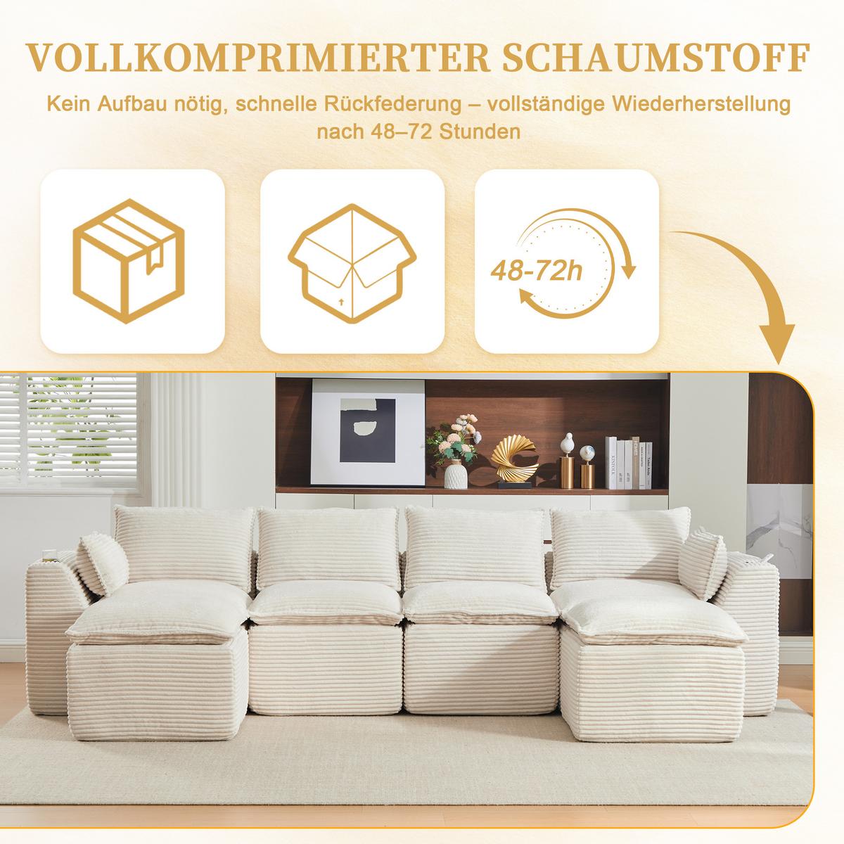 4-SITZER-SOFA aus chenille, modular mit 2 fußhockern und getränkehaltern - Beige, Textil (322/75/161cm) - Urban Meuble