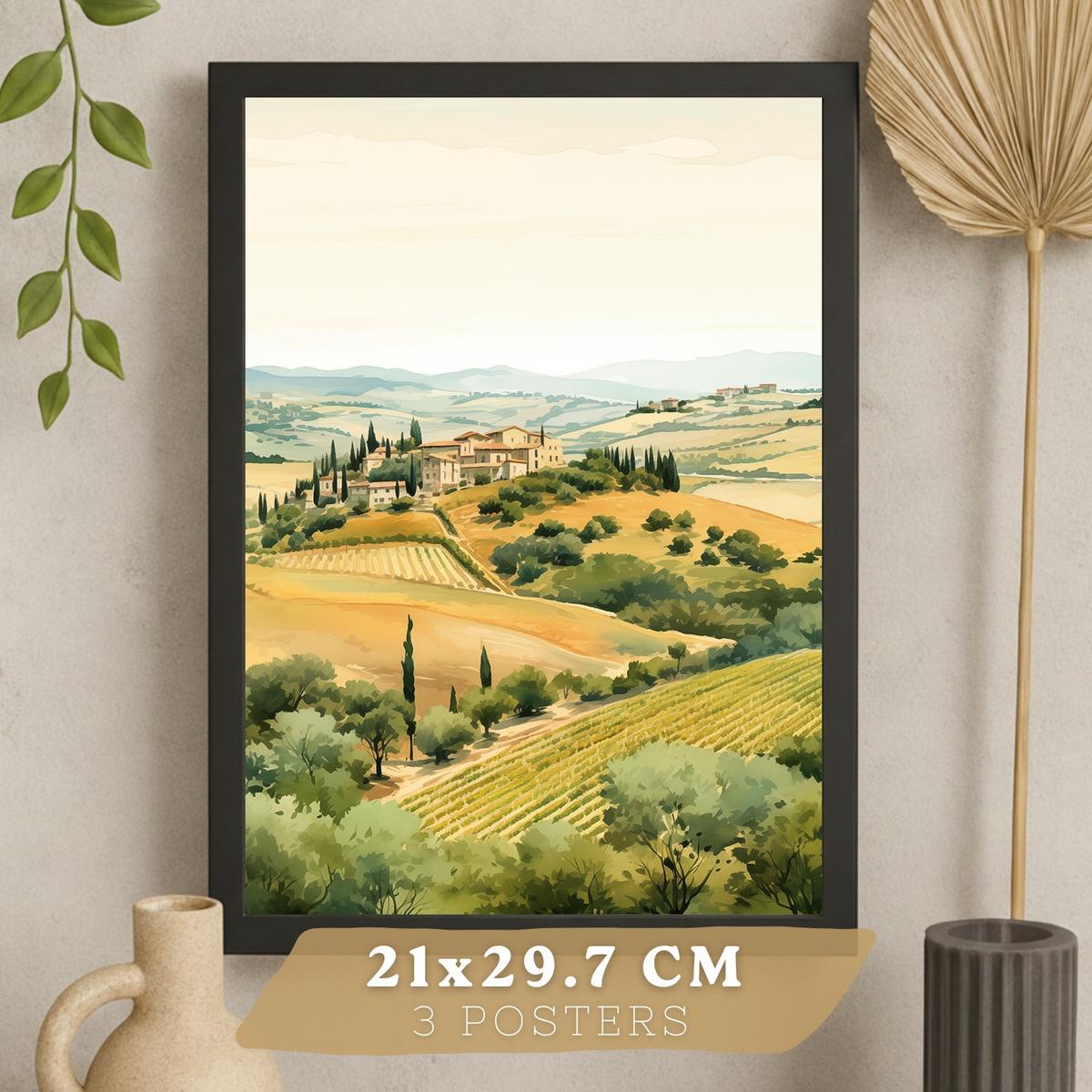 POSTER 3er Bilder-Set Wandbilder Landhaus Dorf Landschaft modern Wohnzimmer Deko, Schlafzimmer, Küche, Badezimmer Schwarzer Rahmen A4 - Schwarz, Papier (29.7/1/21cm) - Nacnic