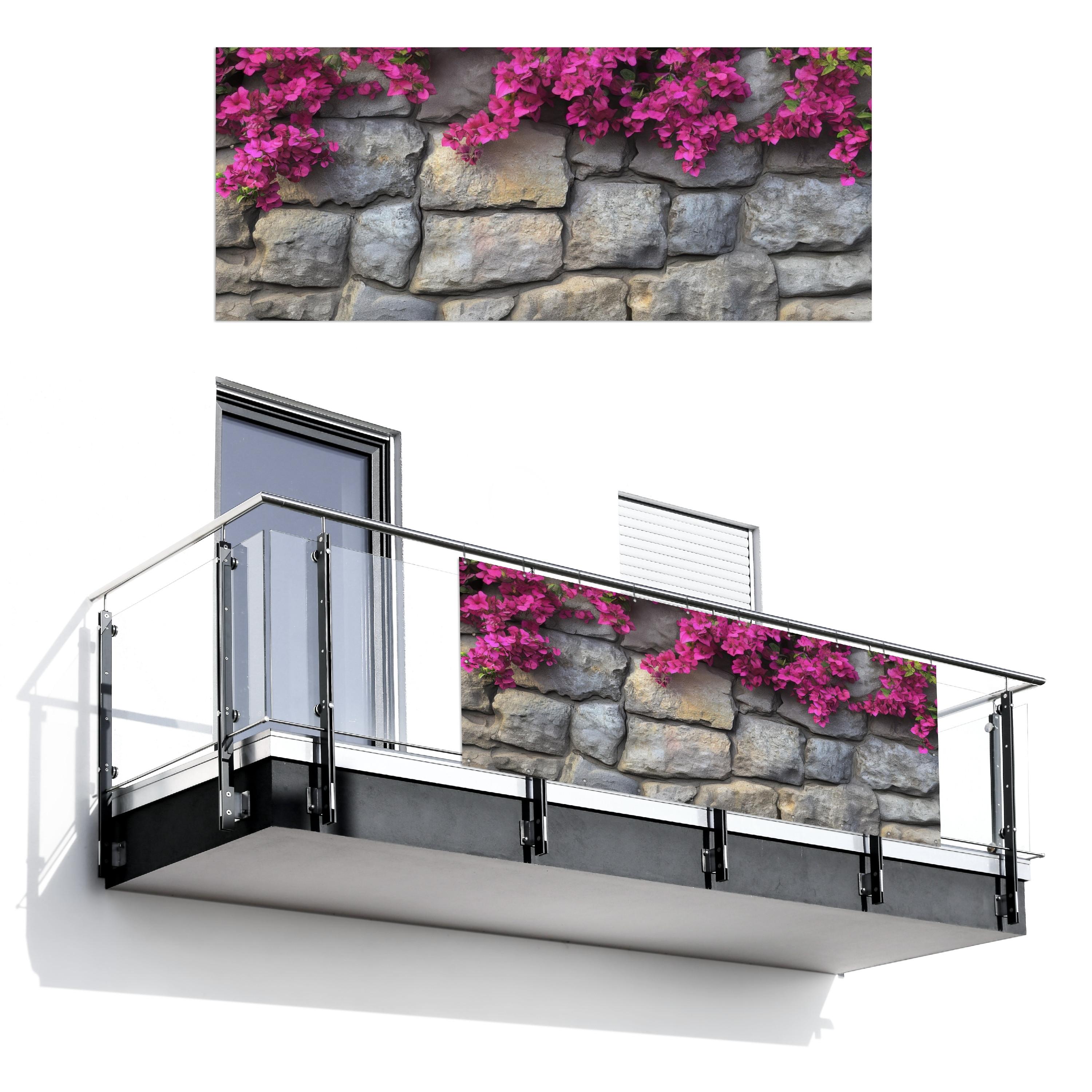 BALKON-SICHTSCHUTZ Bougainvillea - Steinmauer - Rosa Balkon Deko 300x120 cm - Magenta, Kunststoff (300/120cm) - MuchoWow