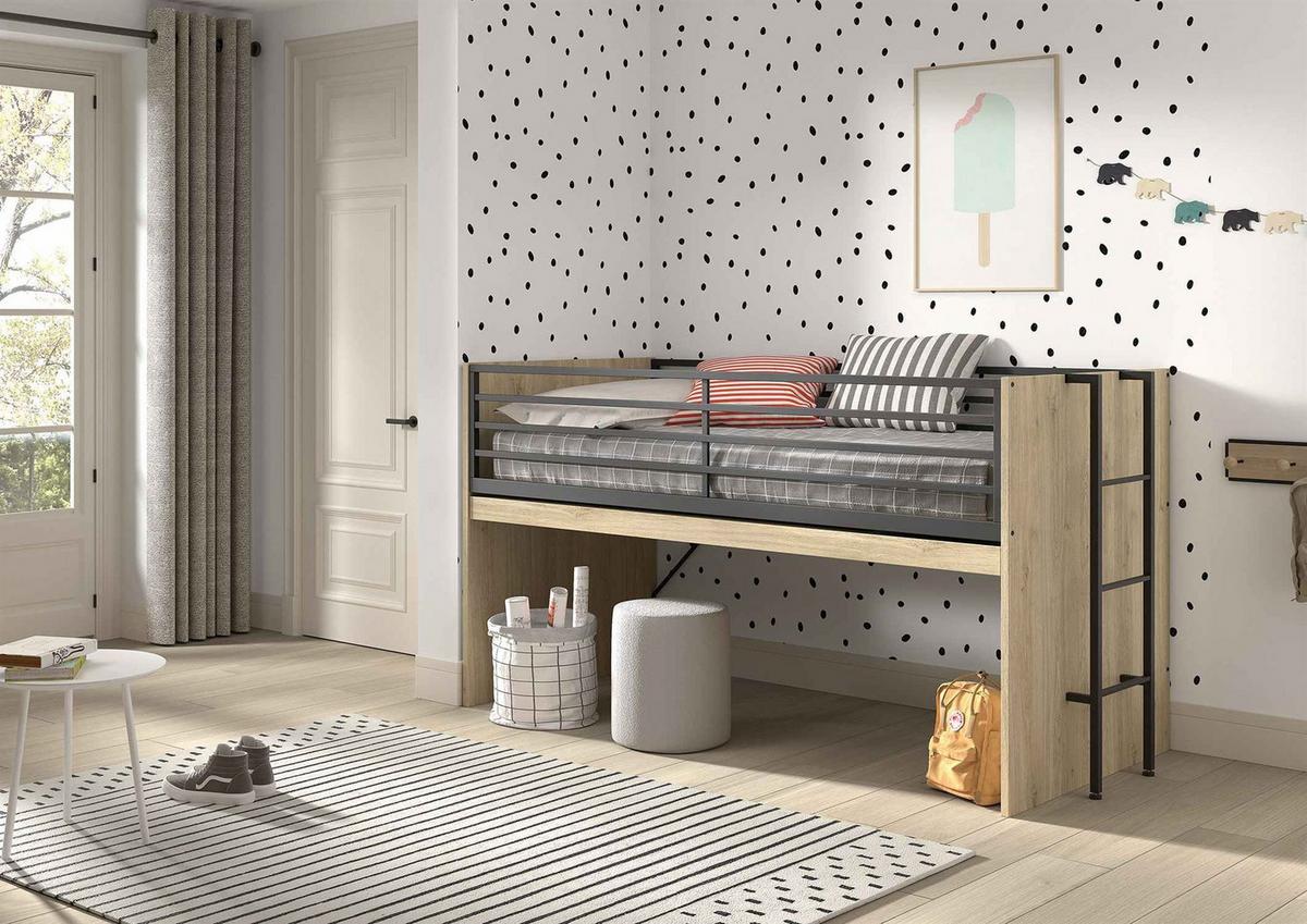 HALBHOCHBETT 90x200 Keelia Eiche mit Schreibtisch Stauraum - Eichefarben, Kunststoff (90/200cm) - 58aufmkessel