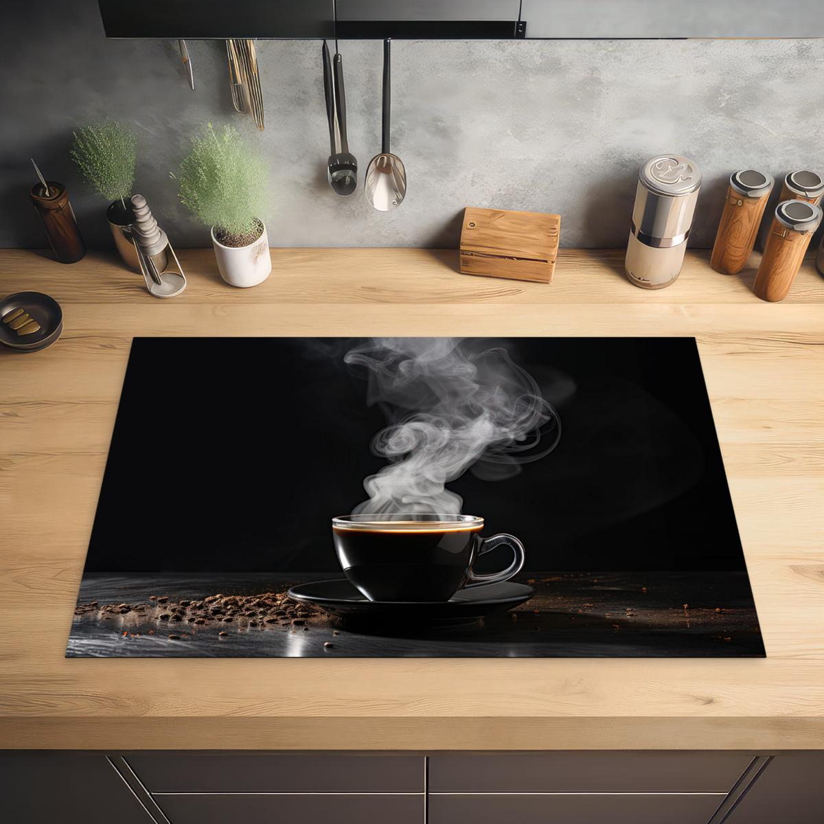 HERDABDECKPLATTE Kaffee - Schwarz - Bohnen - Heiß - Tasse Ceranfeldabdeckung 80x52 cm - Schwarz, Kunststoff (80/52/0.2cm) - MuchoWow