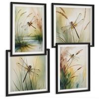 BILDER SET 4er Set - 50x50 cm & 40x60 cm Schwarzer Rahmen - Libellen im Gras, Wassermalerei - Schwarz, Kunststoff (50/50cm) - TULUP